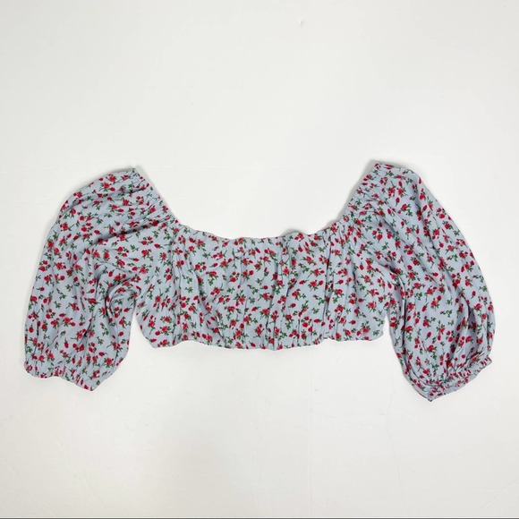 Lulus Sunny‎ Expectations Blue Rose Floral Puff Sleeve Crop Top Small - Picture 2 of 11